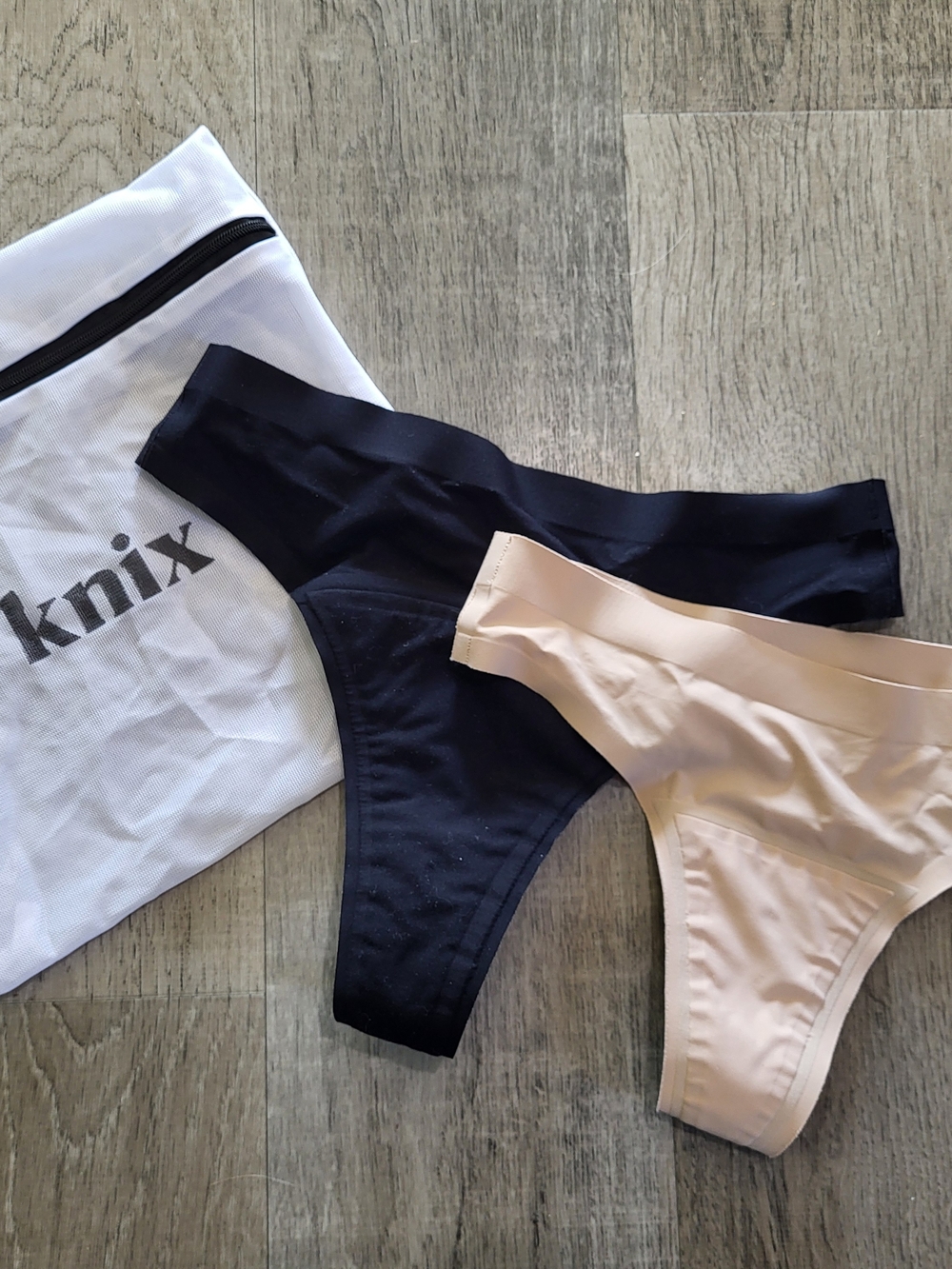 KNIX Thong- Black Super, Nude Light To Moderate, With Free Wash Bag